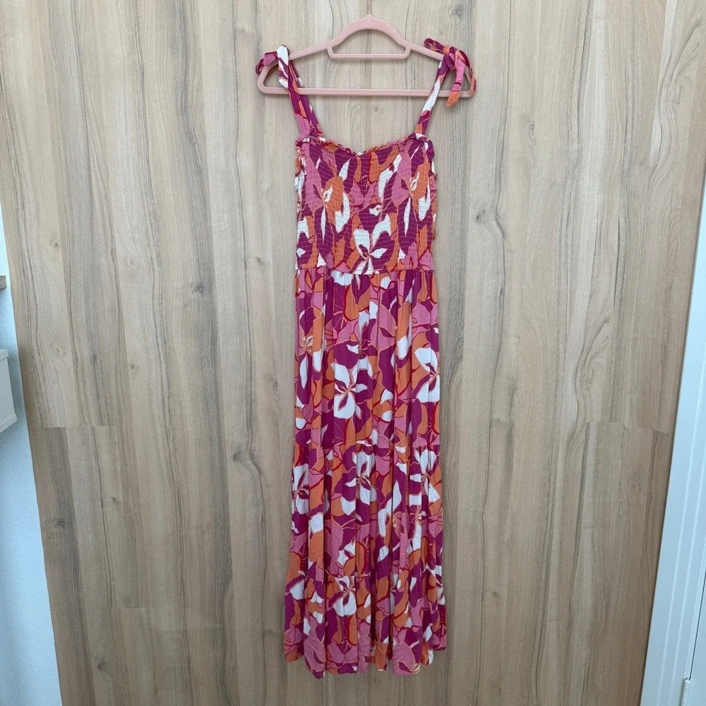 Floral Tiered Maxi Dress Size Large Pink Smocked Tie Shoulder Boho Resort Summer - Picture 2 of 7